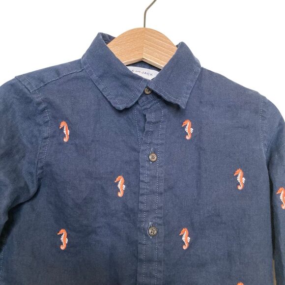 Janie & Jack Boy's Shirt 3 Blue Linen Embroidered Sea Horse Coastal Beach Preppy - Picture 3 of 12